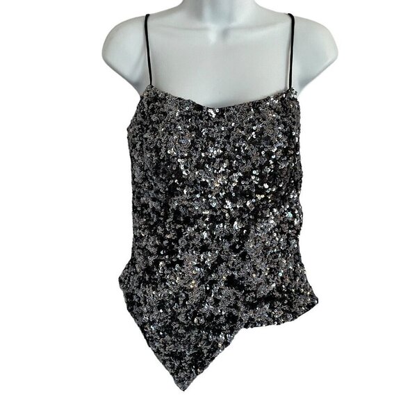 Caché Tops - Vtg Y2K Cache Sequin Camisole Cami S Metallic Silk Asymmetrical Spaghetti Straps